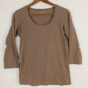 Eileen Fisher T Shirt Womens Extra Small Beige Brown 3/4 Sleeve Lightweight